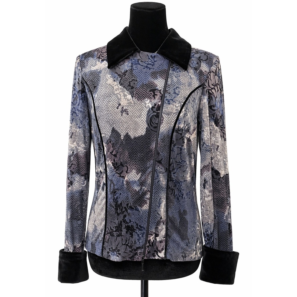 Cartise Womens Floral Mod Art Moto Jacket Size 8 Gray‎ Velvet Faux Fur Trim